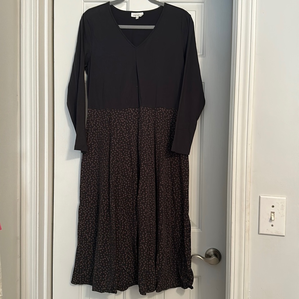 Thought brand polka dot grey long sleeve v neck panel midi dress size 14